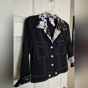 Joseph Ribkoff Black Jacket White Stitch Floral-Trim Top 8